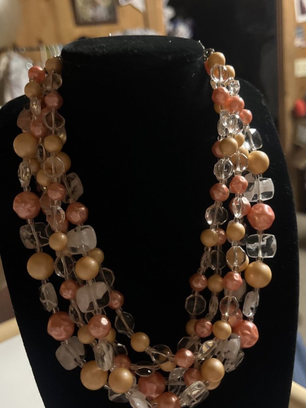 Multi strand necklace vintage-Peach And Silver Statement Necklace